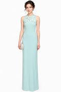 Mint Crepe Body Hugging Prom Dress With Silver Beaded Floral Neckline