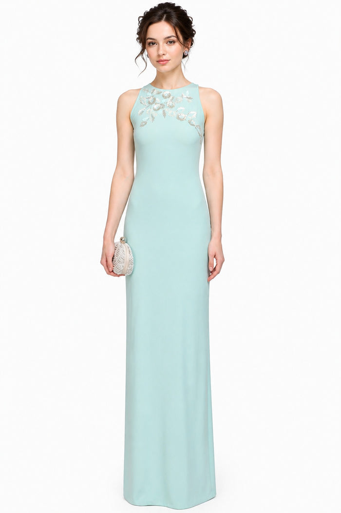 Mint Crepe Body Hugging Prom Dress With Silver Beaded Floral Neckline