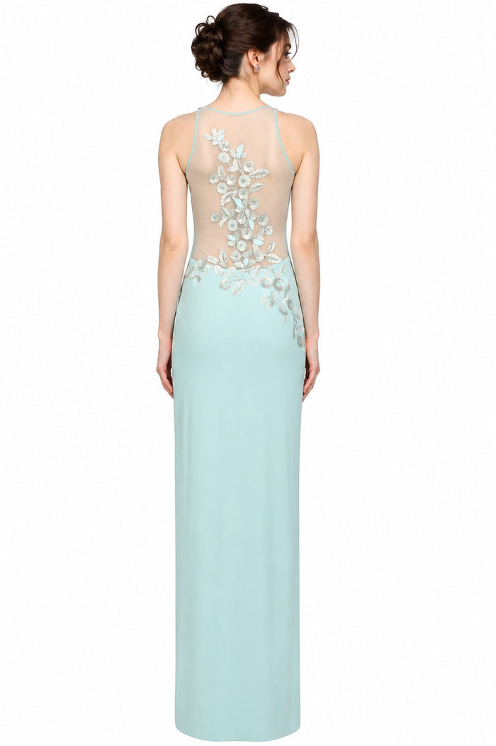 Mint Crepe Body Hugging Prom Dress With Silver Beaded Floral Neckline