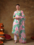 Mint Green Abstract Palm Leaf Georgette Salwar Set With Keyhole Neck
