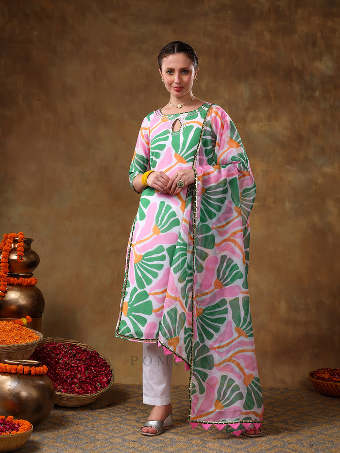 Mint Green Abstract Palm Leaf Georgette Salwar Set With Keyhole Neck