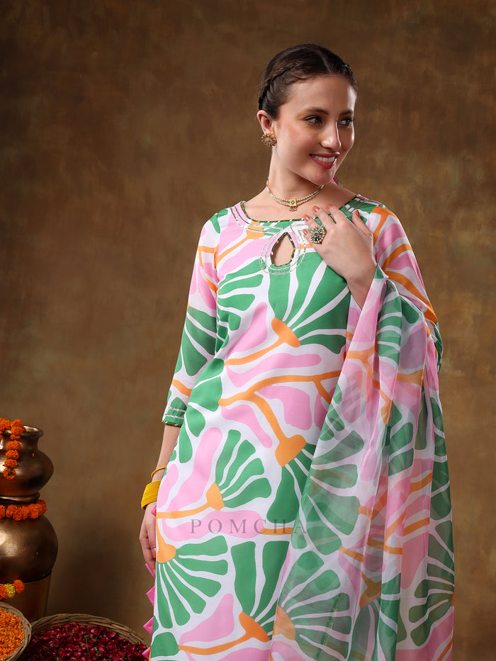 Mint Green Abstract Palm Leaf Georgette Salwar Set With Keyhole Neck
