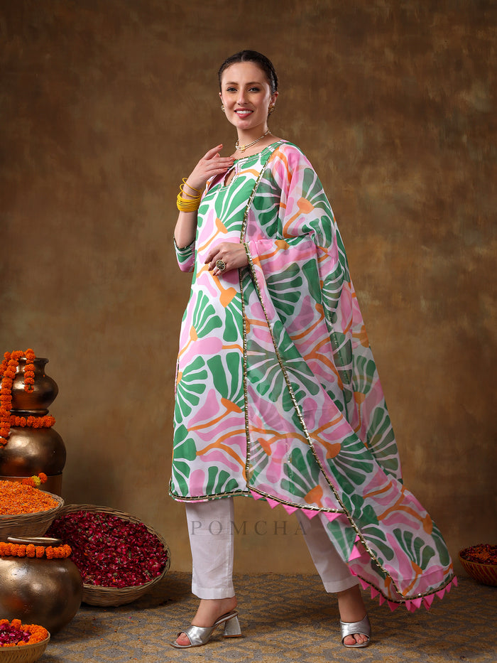 Mint Green Abstract Palm Leaf Georgette Salwar Set With Keyhole Neck