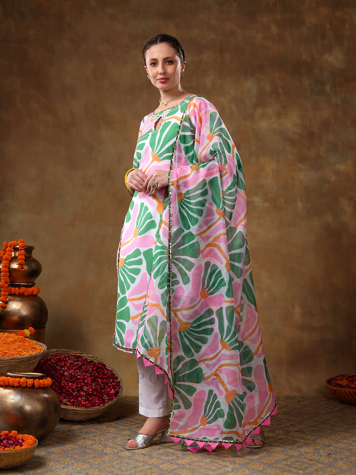 Mint Green Abstract Palm Leaf Georgette Salwar Set With Keyhole Neck