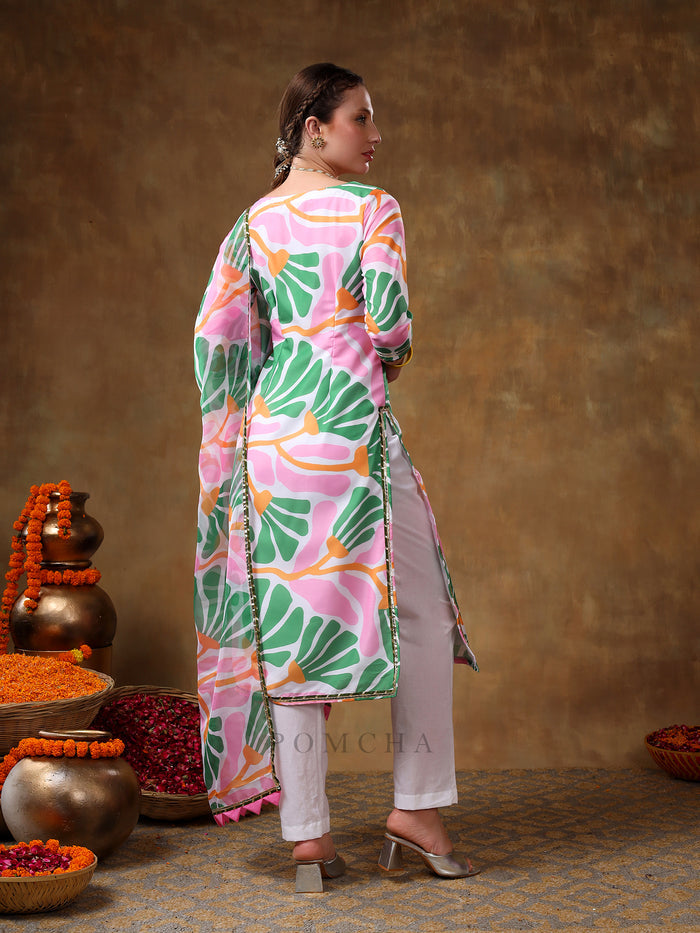 Mint Green Abstract Palm Leaf Georgette Salwar Set With Keyhole Neck