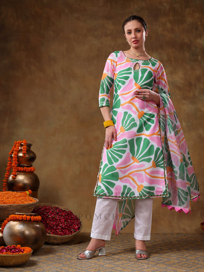 Mint Green Abstract Palm Leaf Georgette Salwar Set With Keyhole Neck
