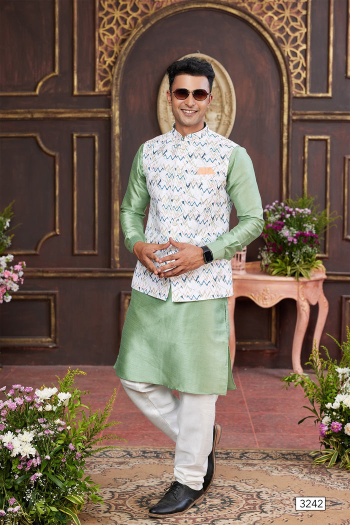 Mint Green Art Banarasi Silk Kurta Set With Digital Printed Jacket