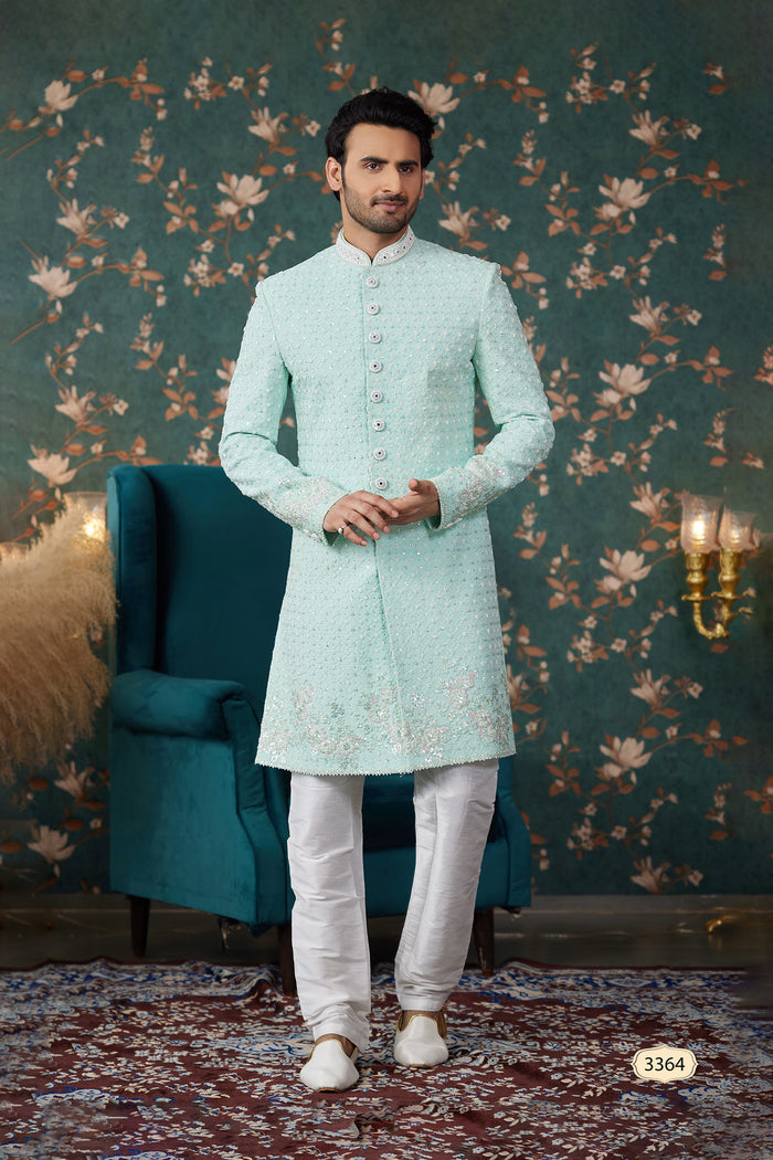 Mint Green Art Silk Two Piece Sherwani Set