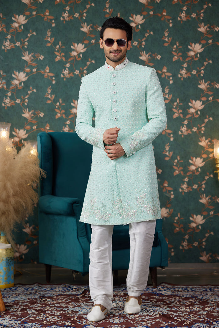 Mint Green Art Silk Two Piece Sherwani Set