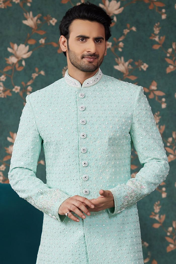 Mint Green Art Silk Two Piece Sherwani Set