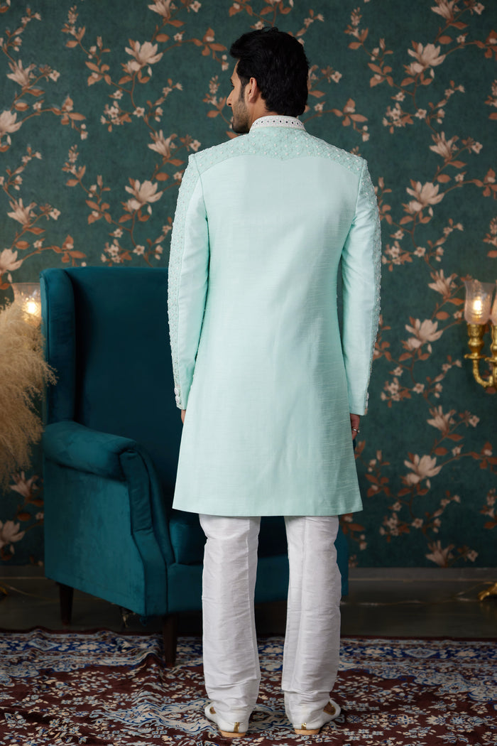 Mint Green Art Silk Two Piece Sherwani Set