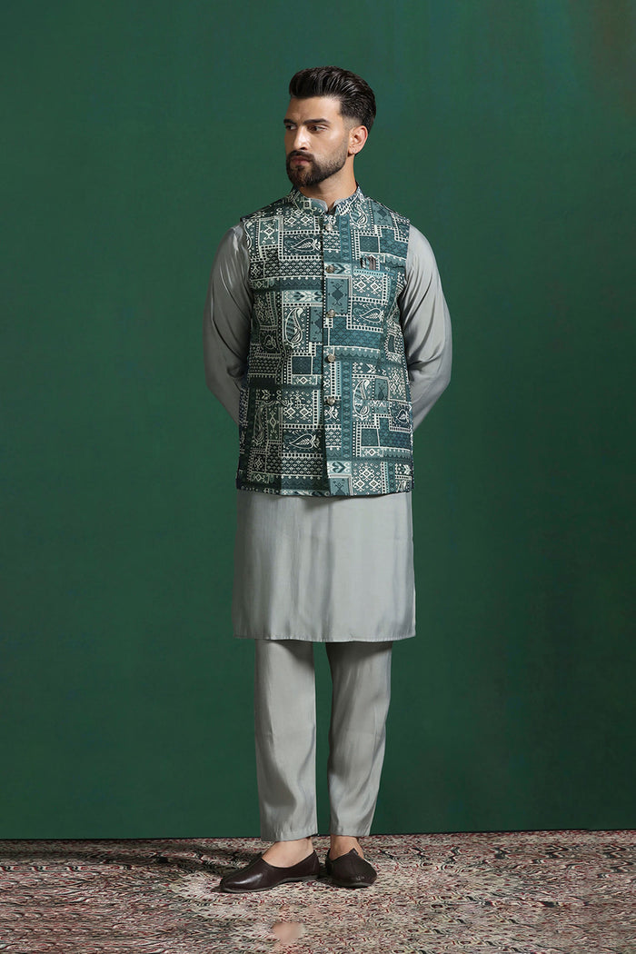 Mint Green Cotton Blend Kurta Set With Printed Nehru Jacket