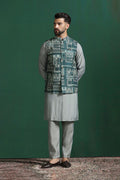 Mint Green Cotton Blend Kurta Set With Printed Nehru Jacket