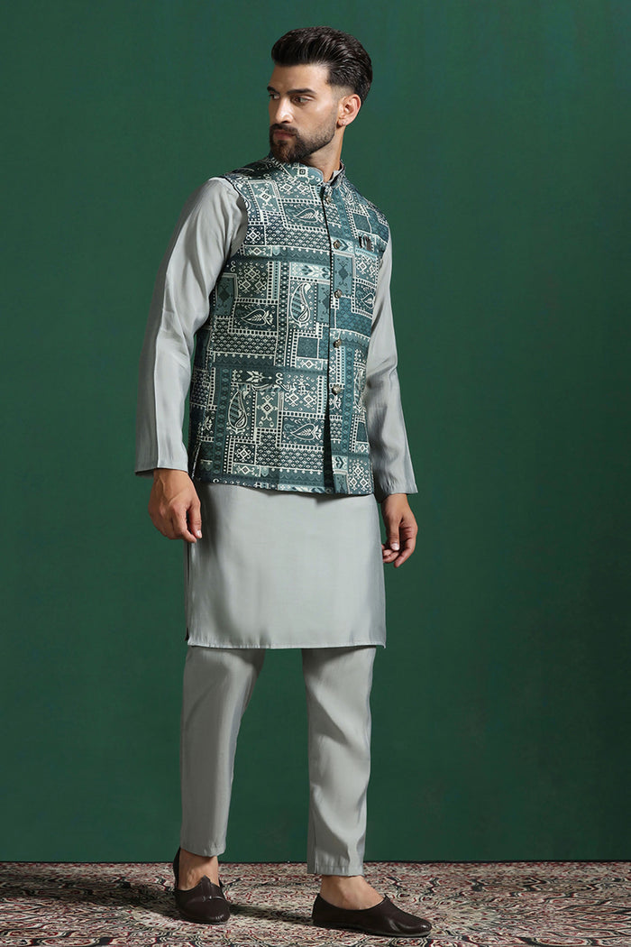 Mint Green Cotton Blend Kurta Set With Printed Nehru Jacket