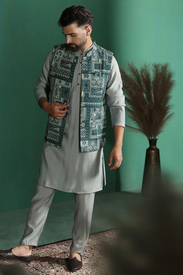 Mint Green Cotton Blend Kurta Set With Printed Nehru Jacket