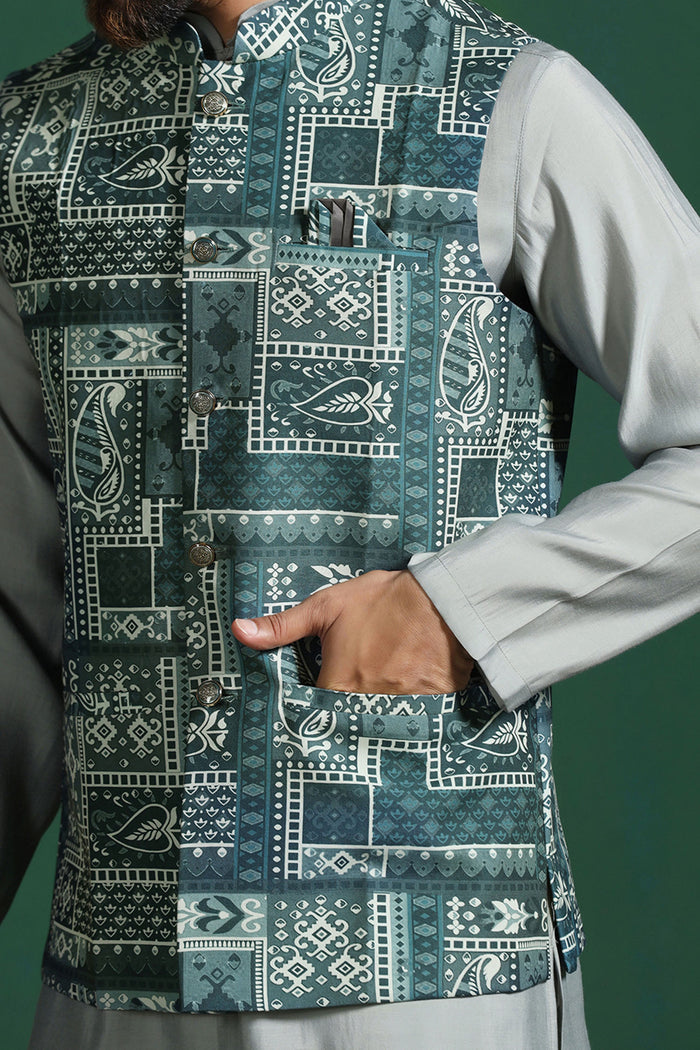 Mint Green Cotton Blend Kurta Set With Printed Nehru Jacket