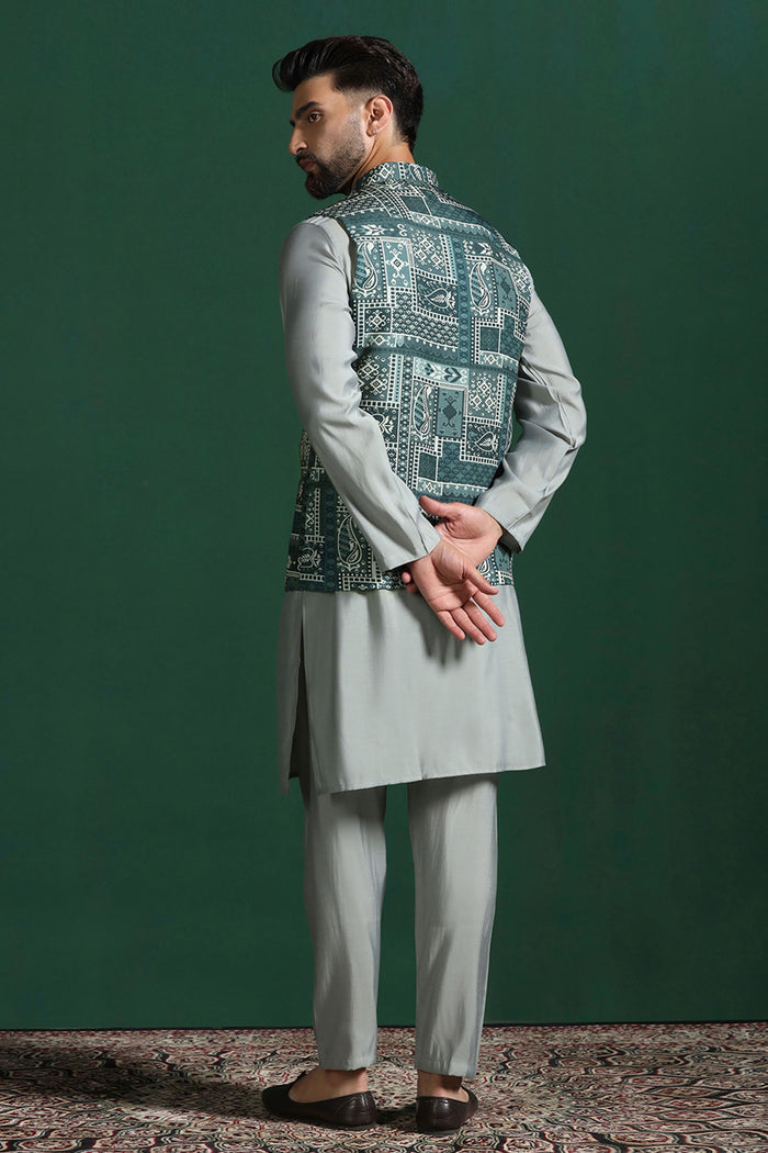 Mint Green Cotton Blend Kurta Set With Printed Nehru Jacket