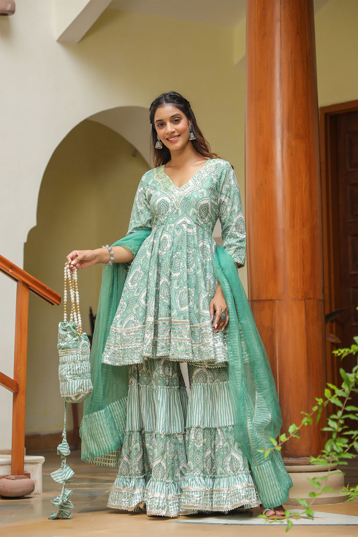 <img> Mint Green Cotton Mughal Printed Sharara Set