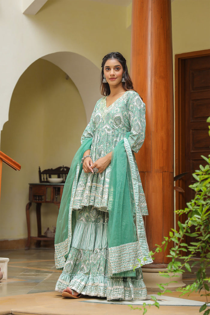 <img> Mint Green Cotton Mughal Printed Sharara Set