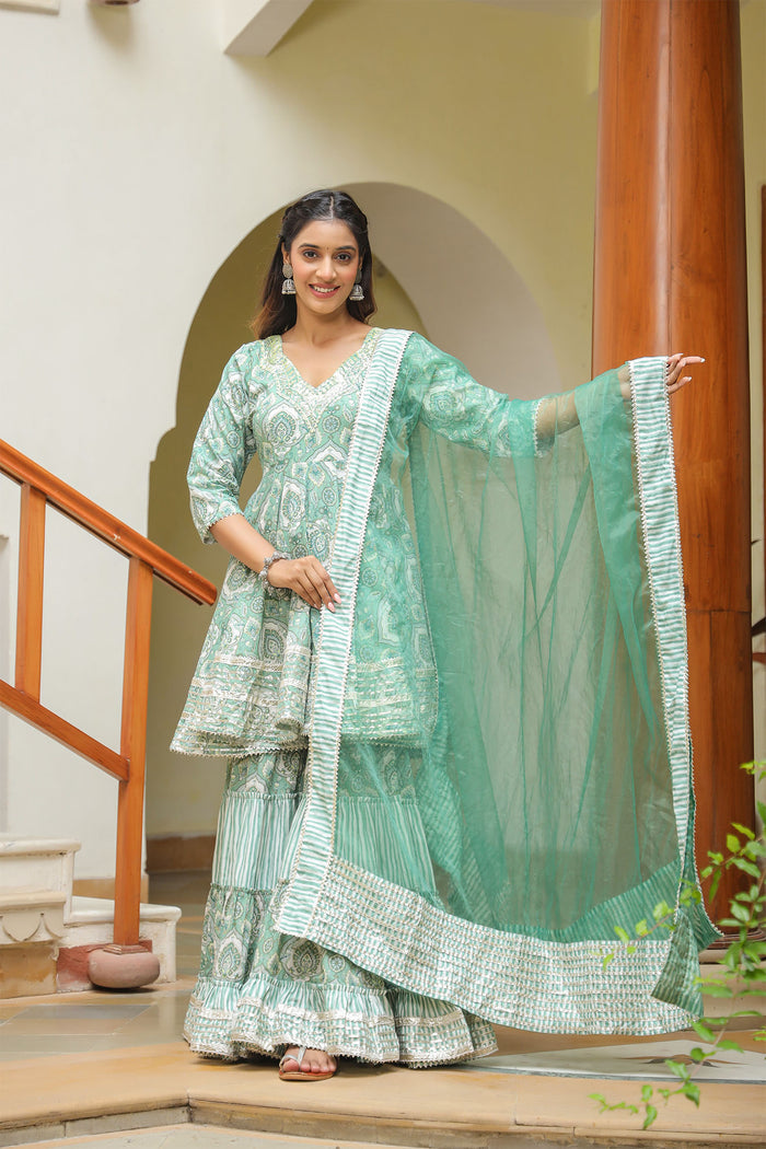 <img> Mint Green Cotton Mughal Printed Sharara Set