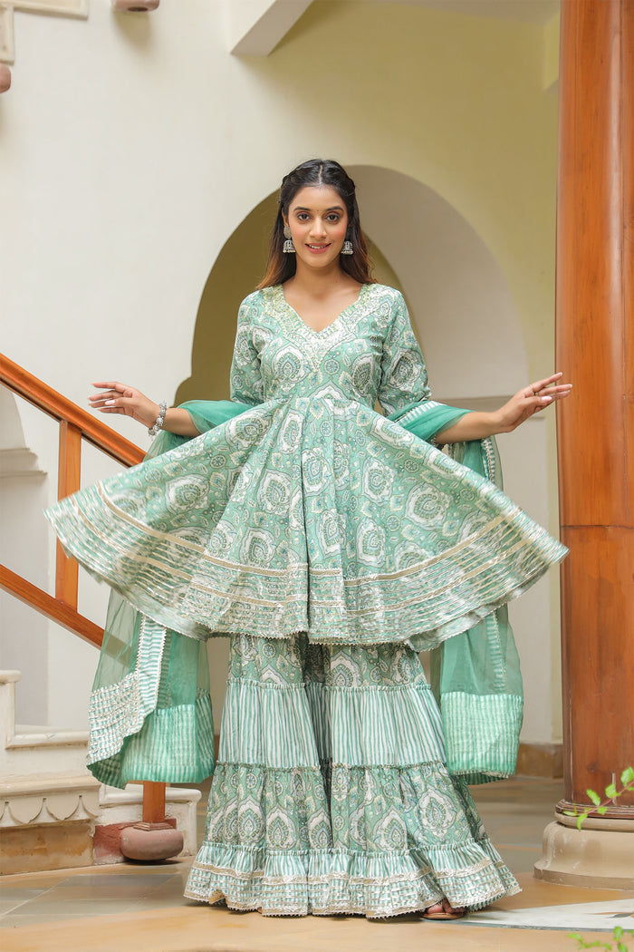 <img> Mint Green Cotton Mughal Printed Sharara Set