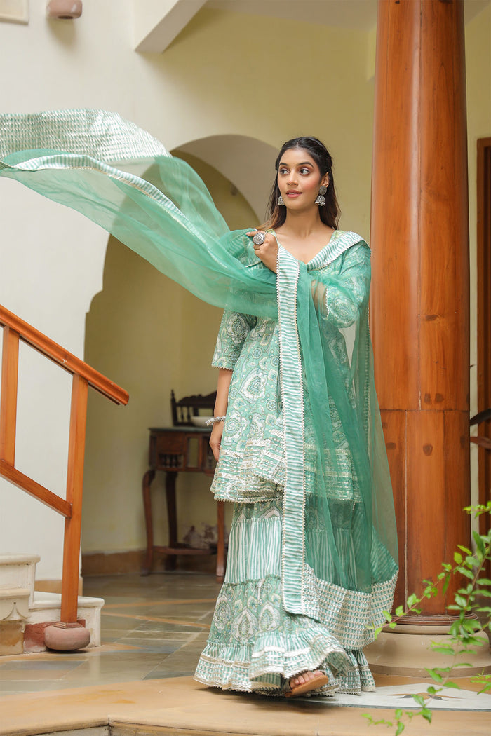 <img> Mint Green Cotton Mughal Printed Sharara Set