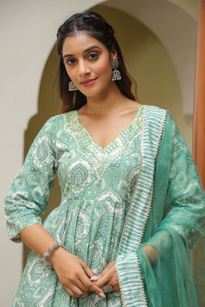 <img> Mint Green Cotton Mughal Printed Sharara Set