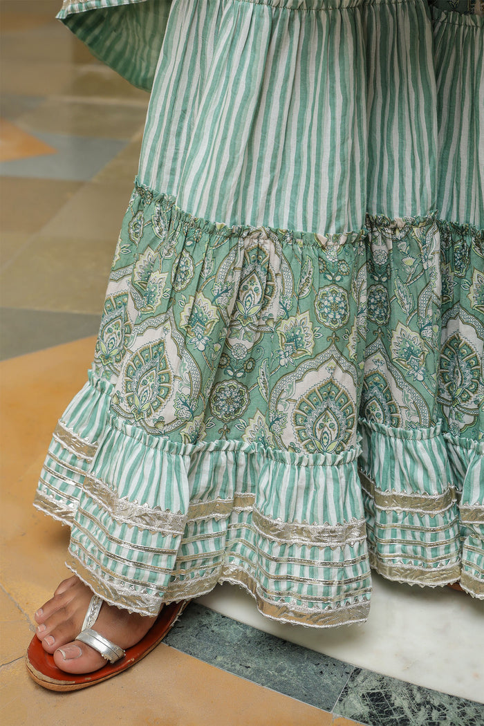<img> Mint Green Cotton Mughal Printed Sharara Set