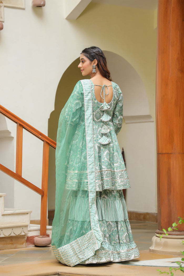 <img> Mint Green Cotton Mughal Printed Sharara Set