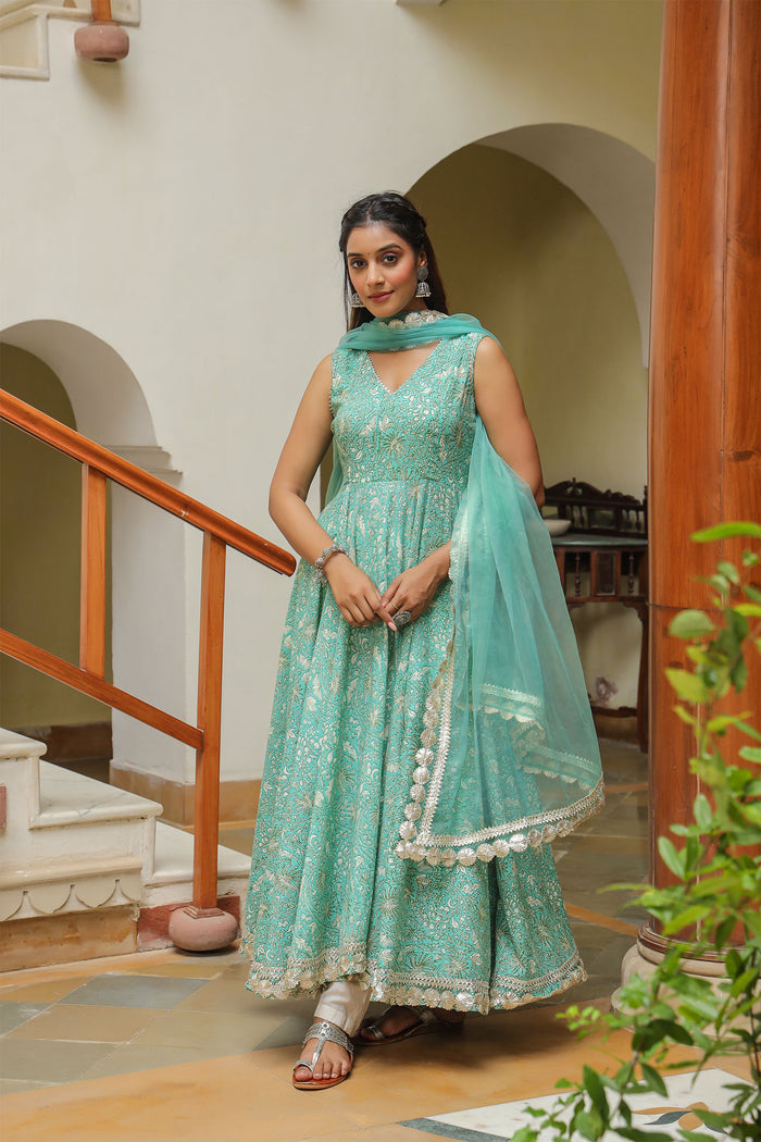 Mint Green Cotton Printed Floral Anarkali Set