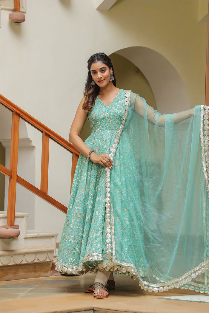 Mint Green Cotton Printed Floral Anarkali Set
