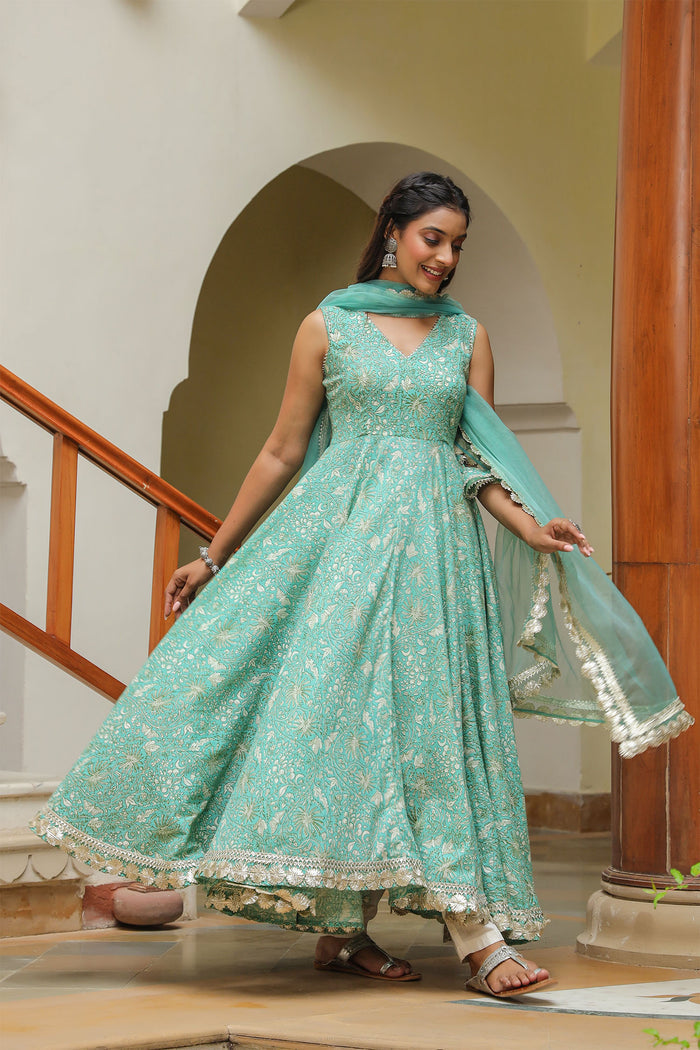 Mint Green Cotton Printed Floral Anarkali Set
