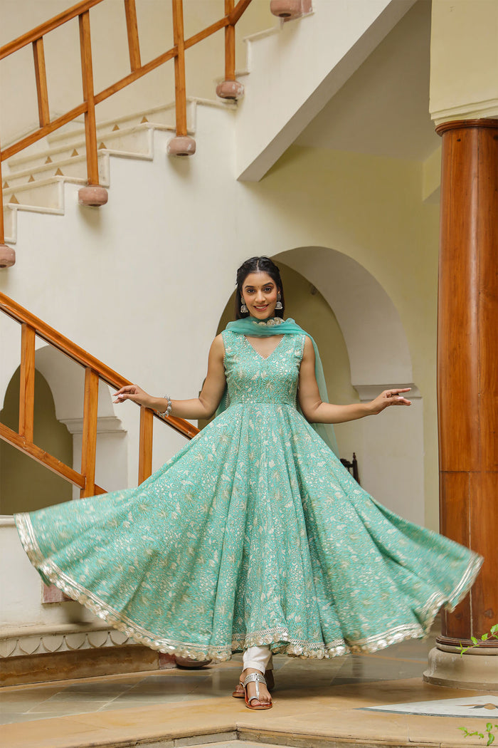 Mint Green Cotton Printed Floral Anarkali Set
