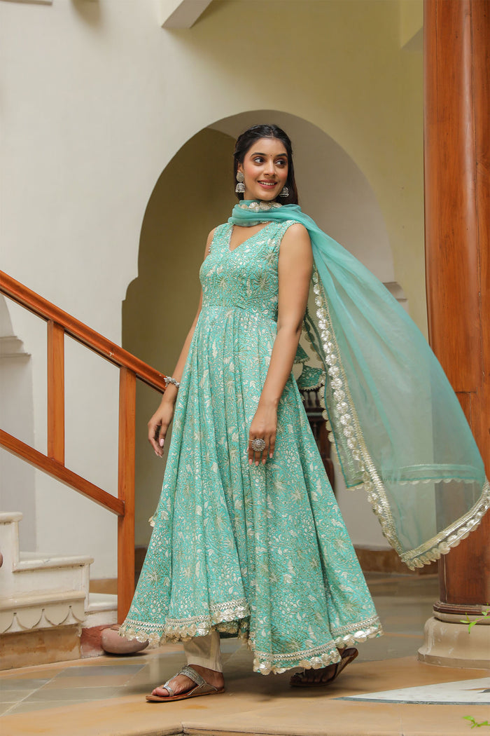 Mint Green Cotton Printed Floral Anarkali Set