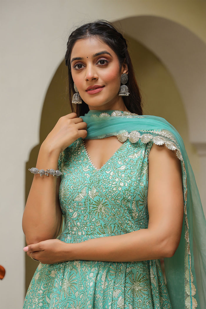 Mint Green Cotton Printed Floral Anarkali Set