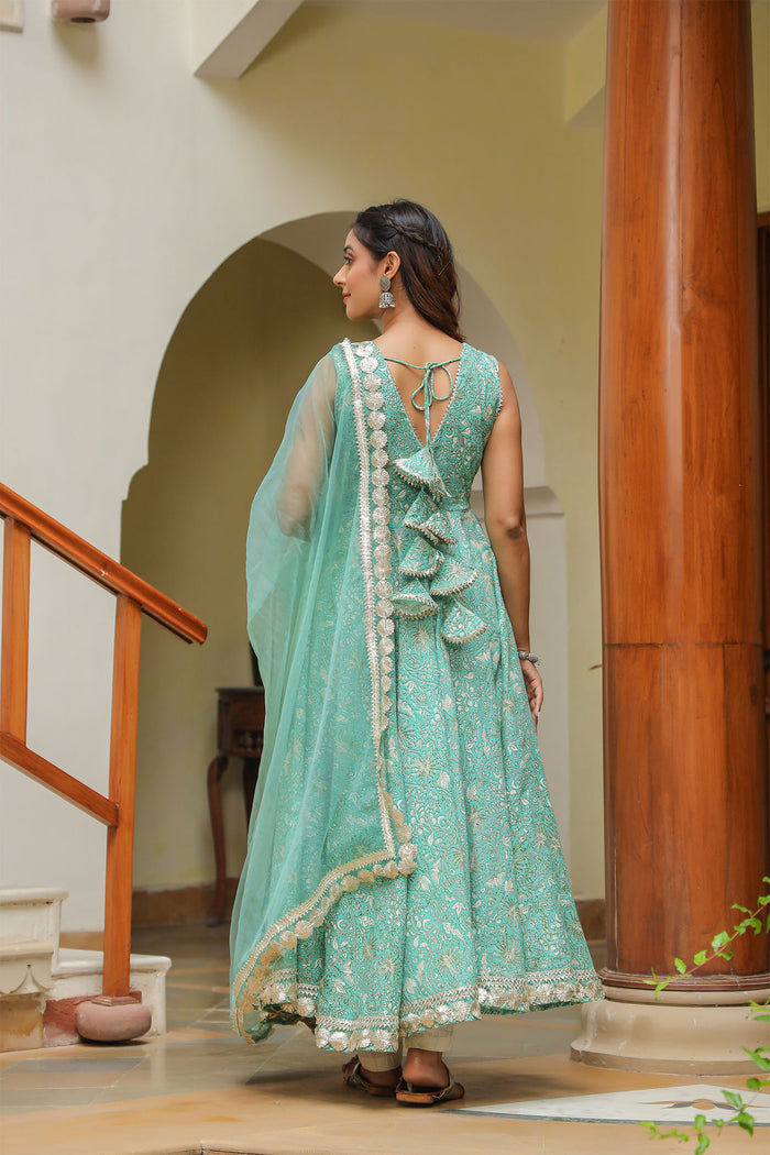 Mint Green Cotton Printed Floral Anarkali Set
