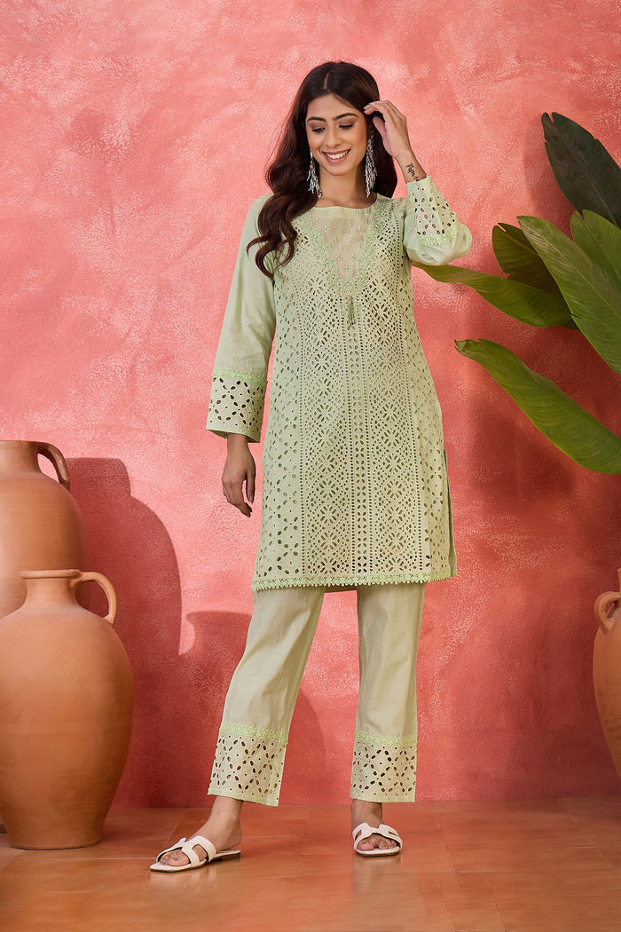 Mint Green Cotton Thread Work Kurta Set