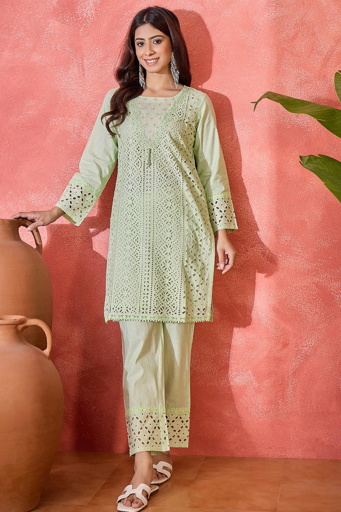 Mint Green Cotton Thread Work Kurta Set