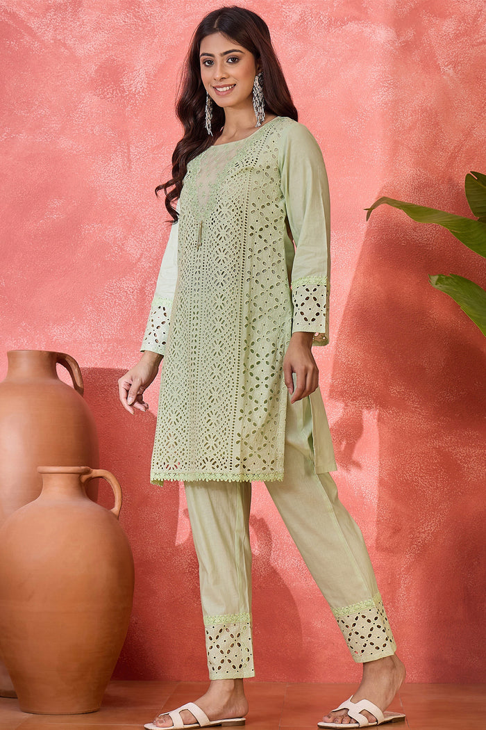 Mint Green Cotton Thread Work Kurta Set