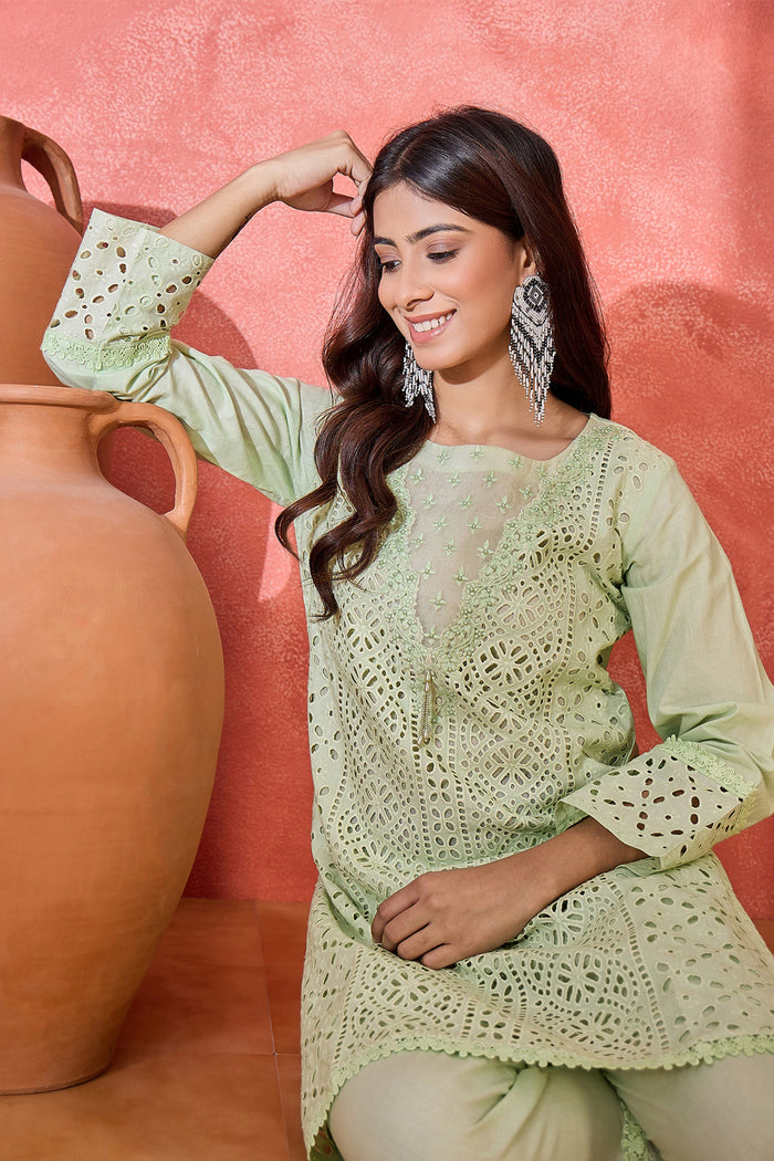 Mint Green Cotton Thread Work Kurta Set