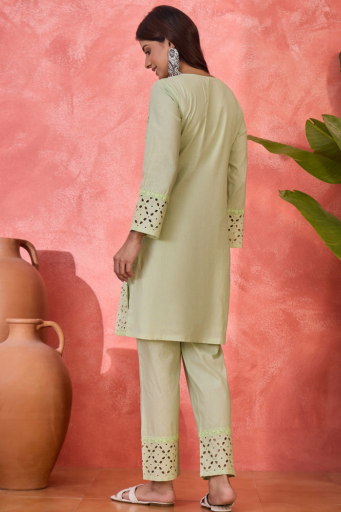 Mint Green Cotton Thread Work Kurta Set