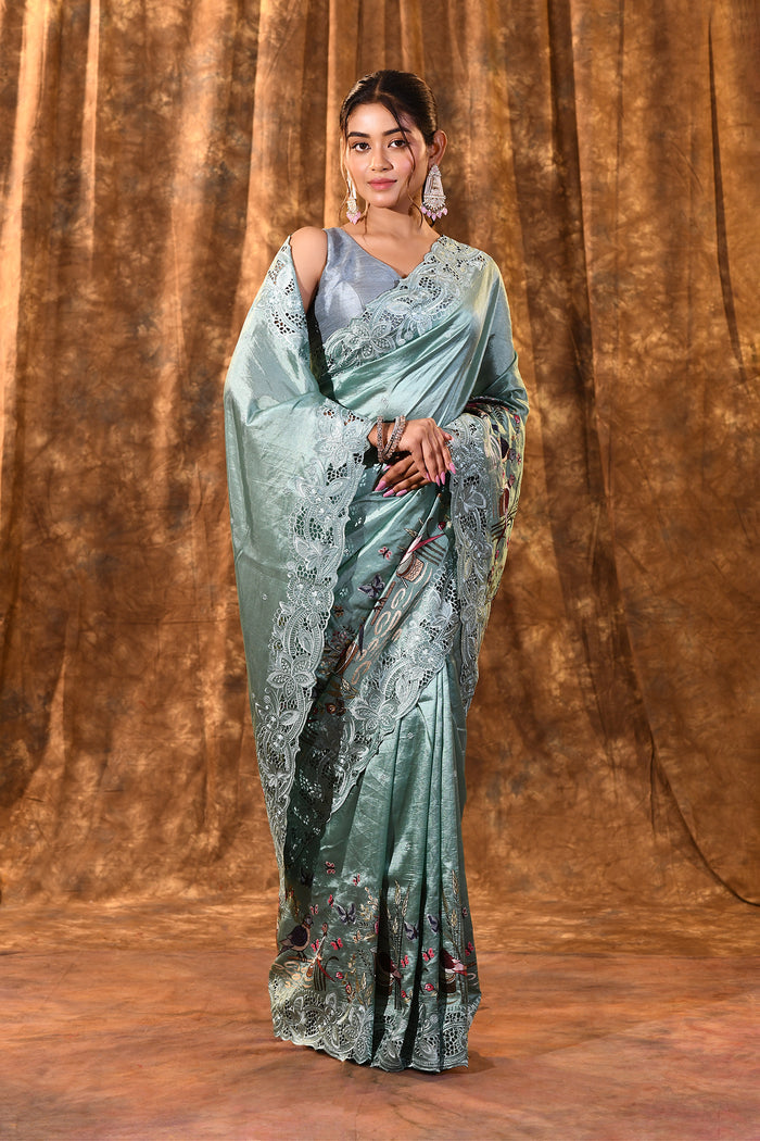 Mint Green Embroidered Satin Silk Saree