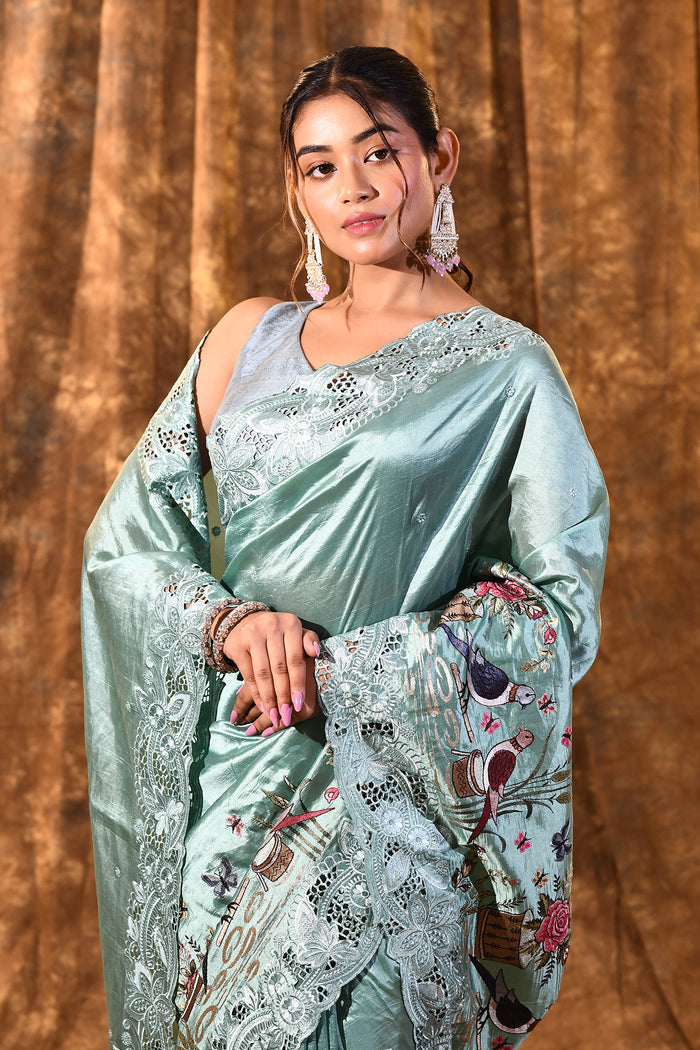 Mint Green Embroidered Satin Silk Saree