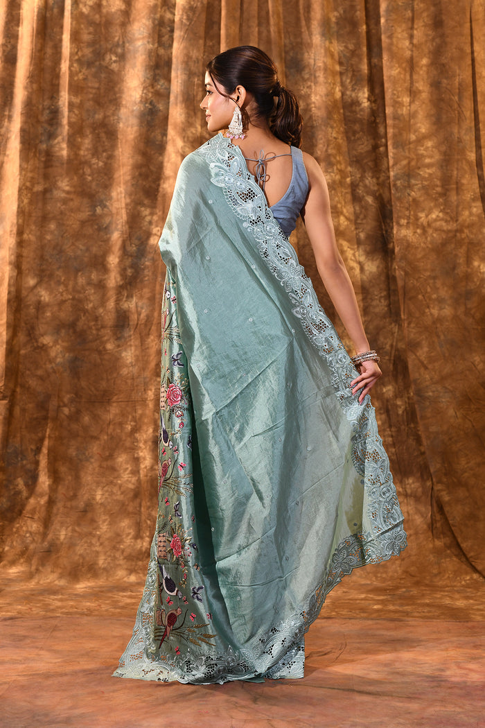 Mint Green Embroidered Satin Silk Saree
