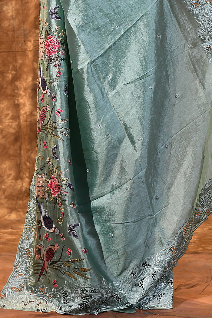 Mint Green Embroidered Satin Silk Saree