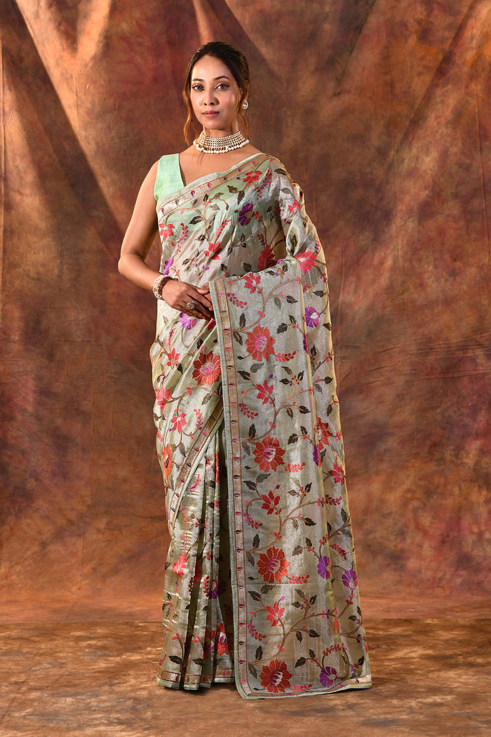Mint Green Embroidered Tissue Silk Saree