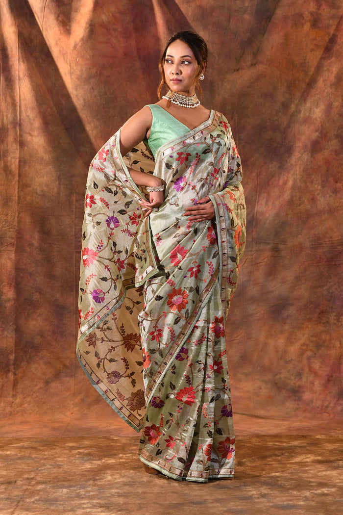 Mint Green Embroidered Tissue Silk Saree