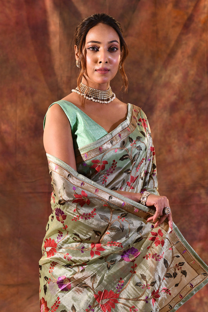 Mint Green Embroidered Tissue Silk Saree