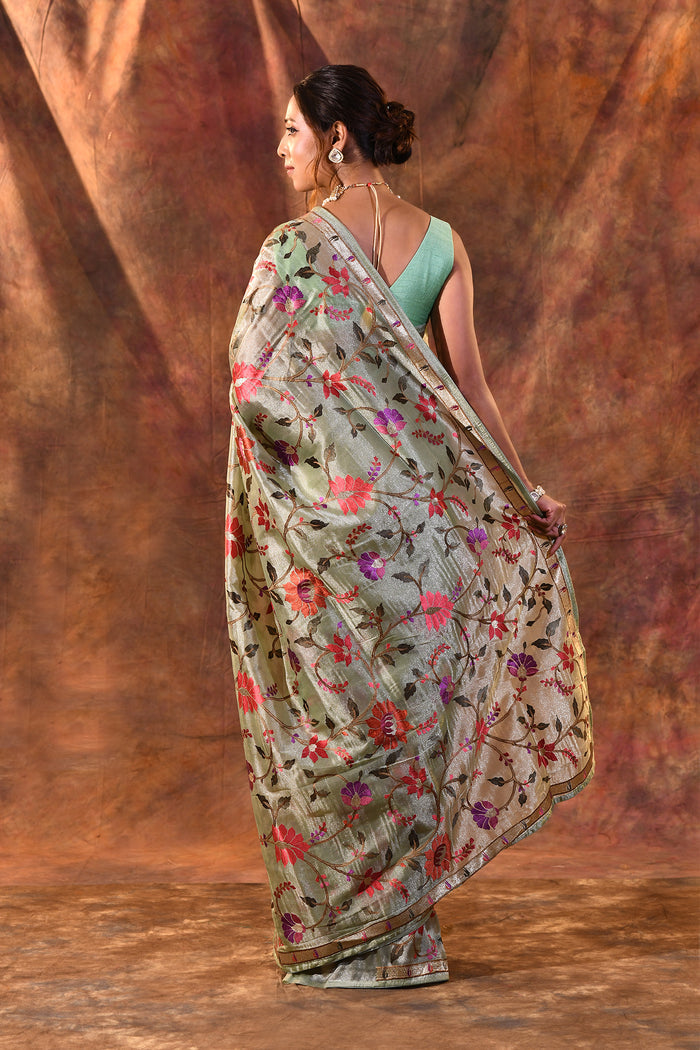 Mint Green Embroidered Tissue Silk Saree