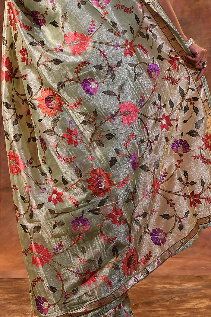 Mint Green Embroidered Tissue Silk Saree